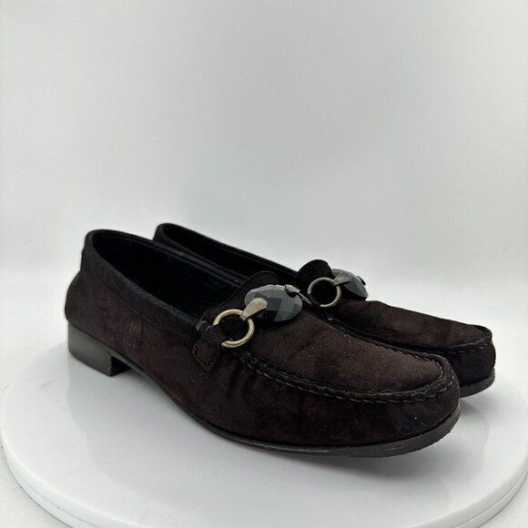 Stuart Weitzman Women Size 7B Dark Brown Suede Gancini Slip On Flat Loafer Shoes - Picture 4 of 15